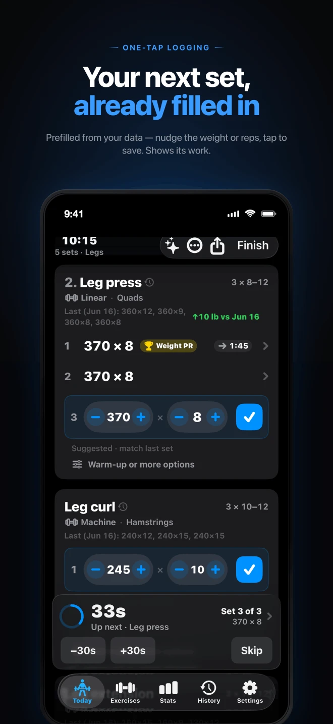 Cadence iPhone preview: leg press sets, suggested weight and reps, a save checkmark, and the rest timer