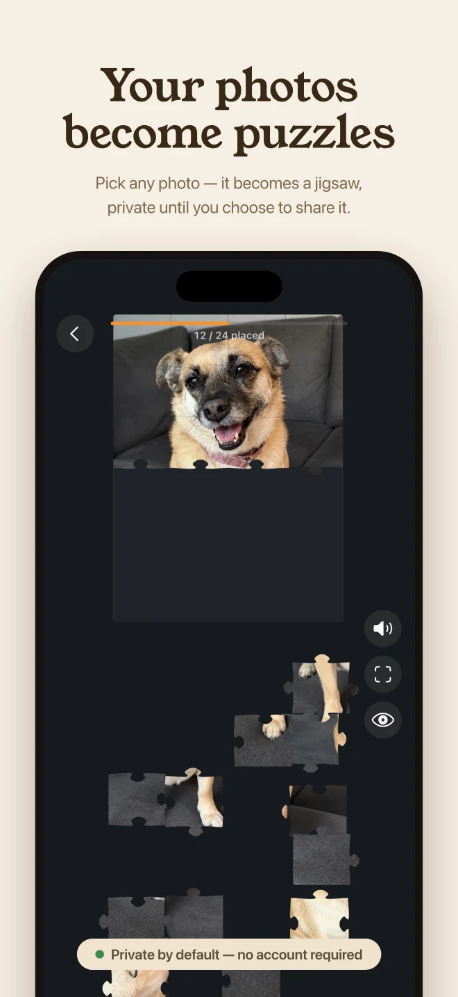 A personal dog photo being solved as an interlocking jigsaw in Cuzzles