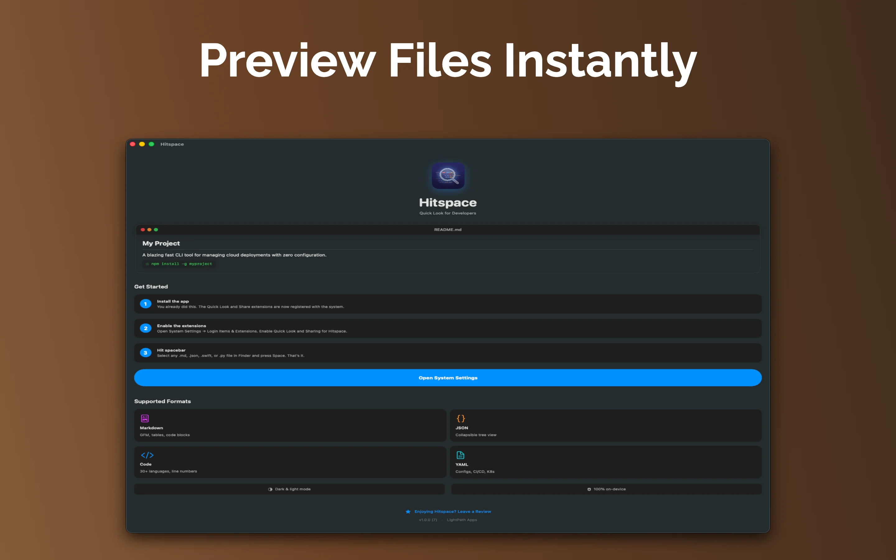 Preview Files Instantly — Hitspace main screen