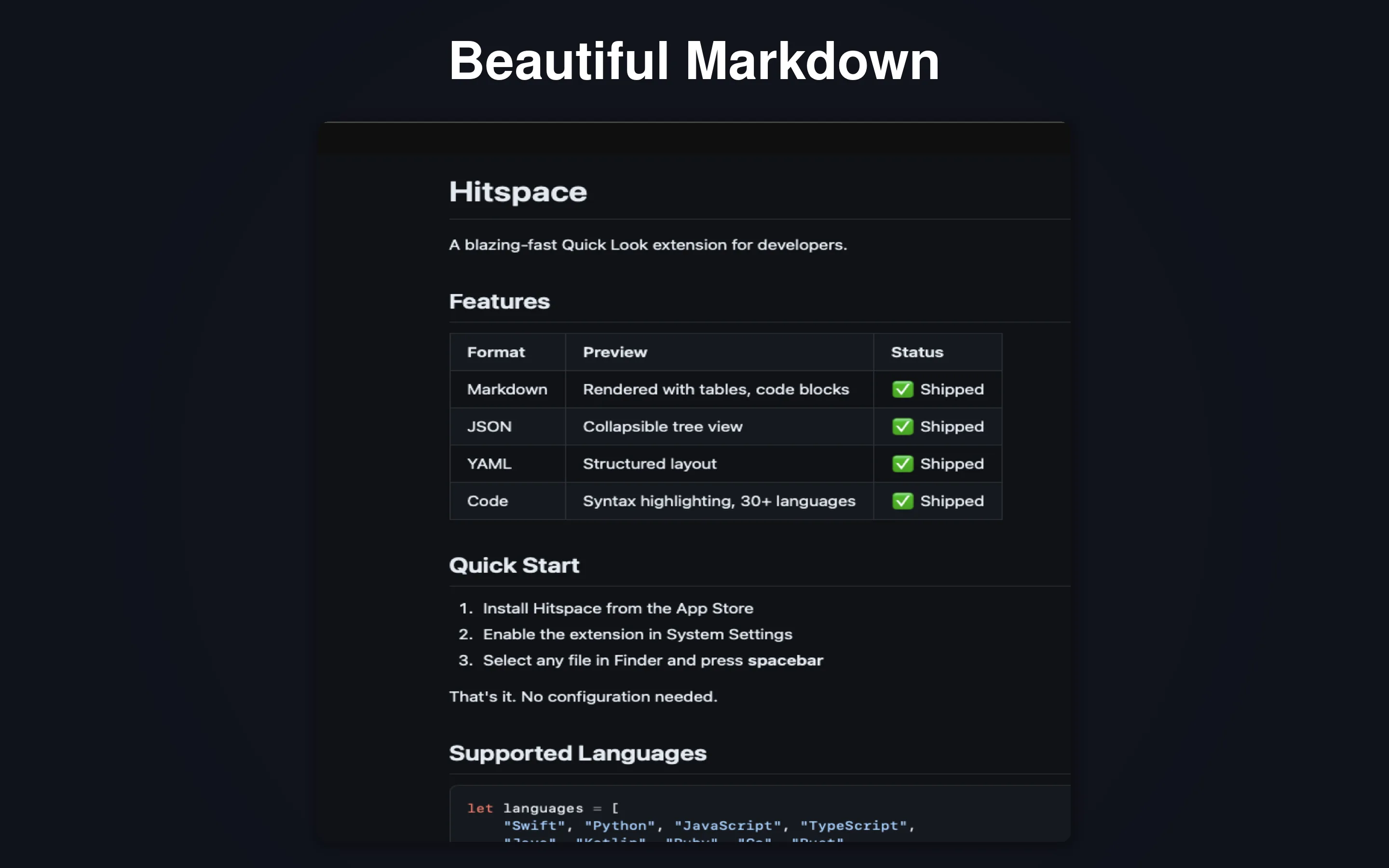 Hitspace macOS preview of a Markdown document with tables and code