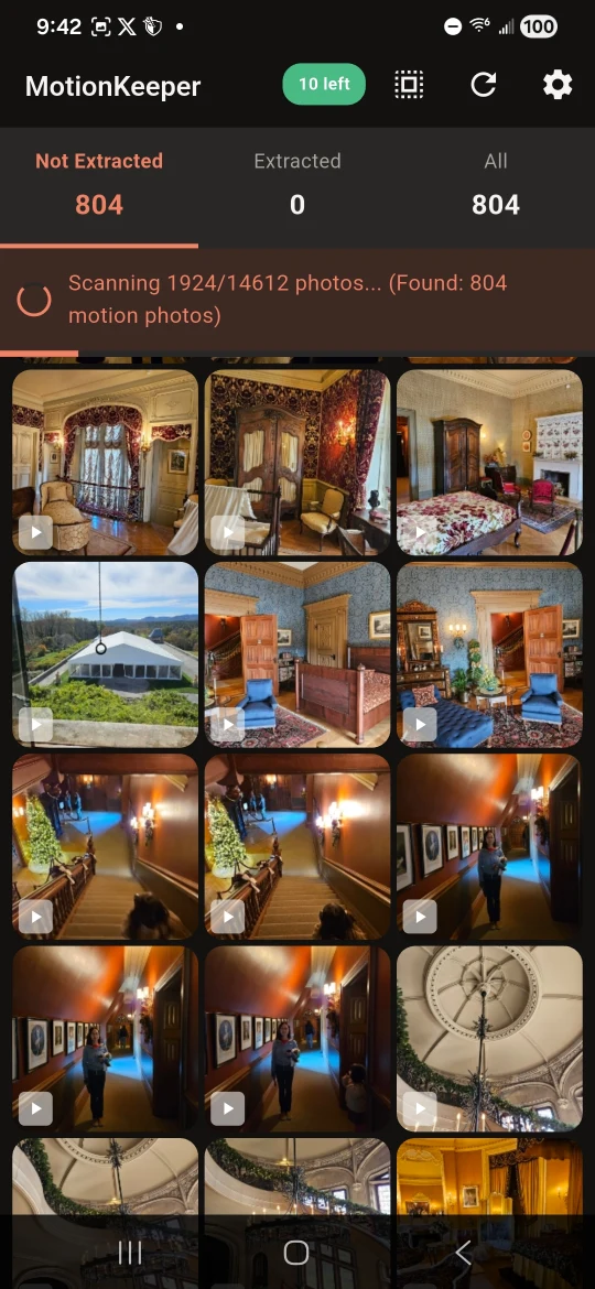 Android photo library showing detected Motion Photos during a scan