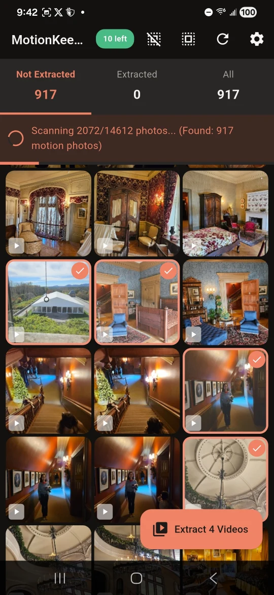 Four Motion Photos selected for batch video extraction on Android